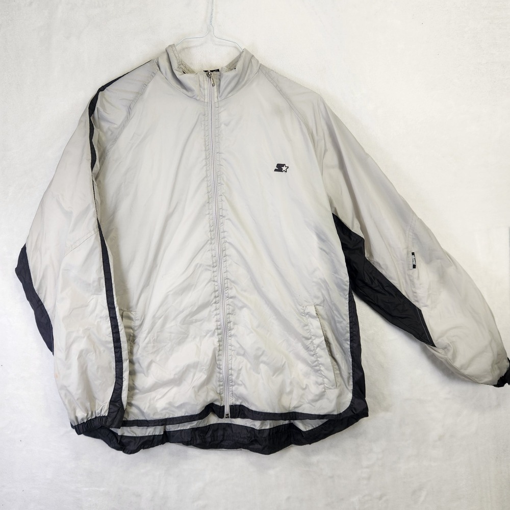 Starter Mens Windbreaker Jacket Large Grey Black Full Zip‎ Mesh Lined Nylon